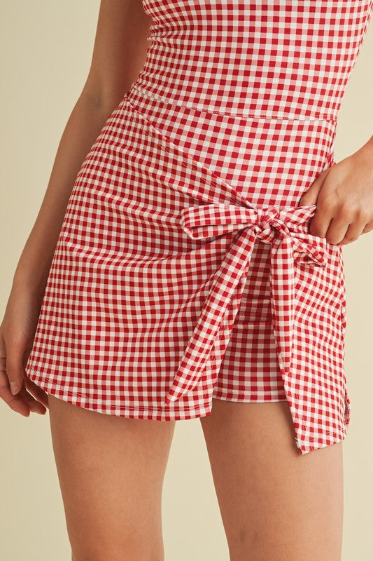 Red Gingham Wrap Tie Dress