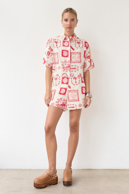 Red Palm Shirt Romper