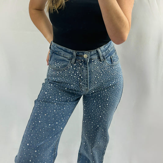 Rhinestone High Waist Denim Pants