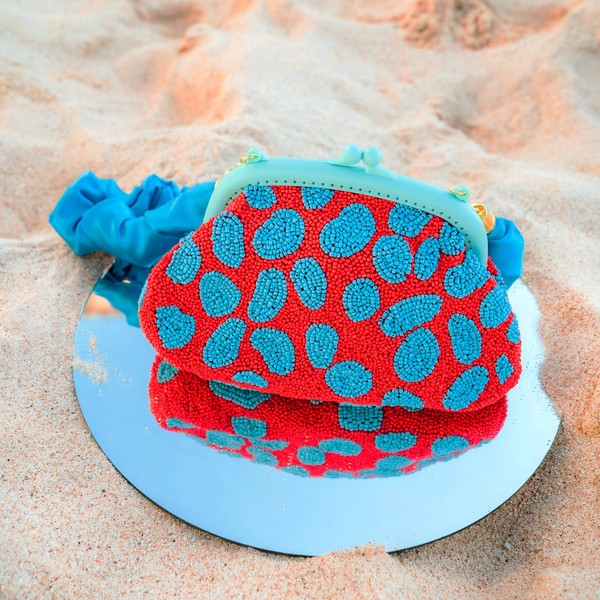 Hand-Beaded Clutch (BL/RED)