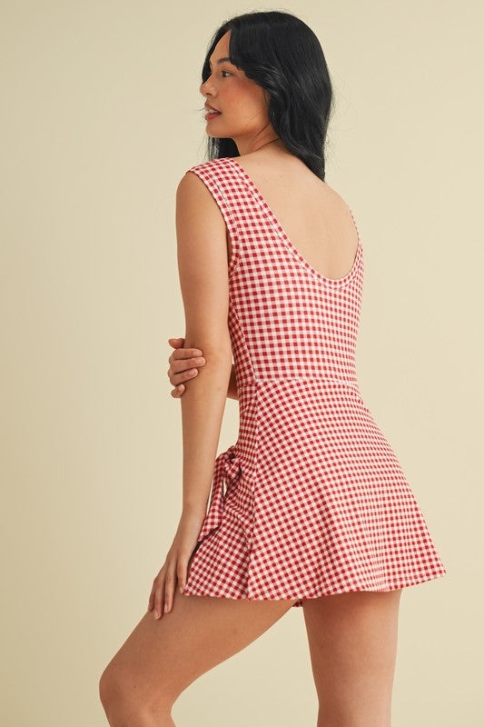 Red Gingham Wrap Tie Dress