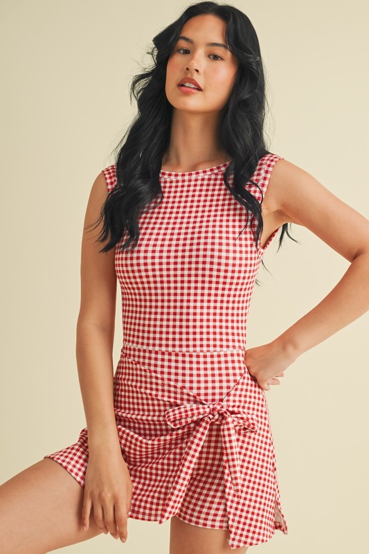 Red Gingham Wrap Tie Dress