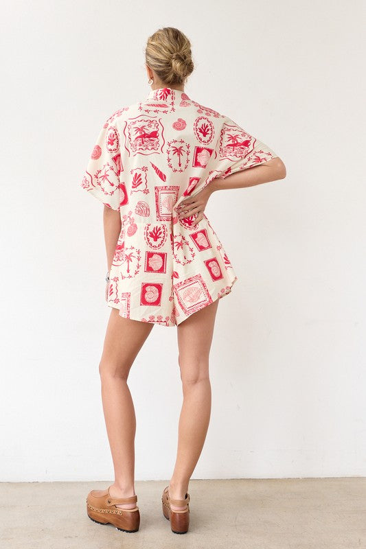 Red Palm Shirt Romper
