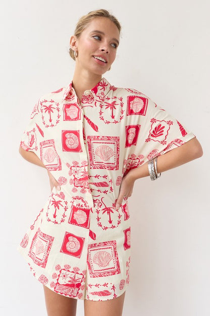 Red Palm Shirt Romper