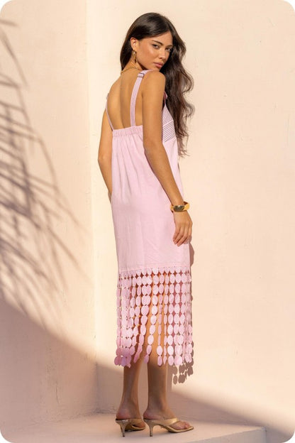 Pink Fringe Linen Midi Dress