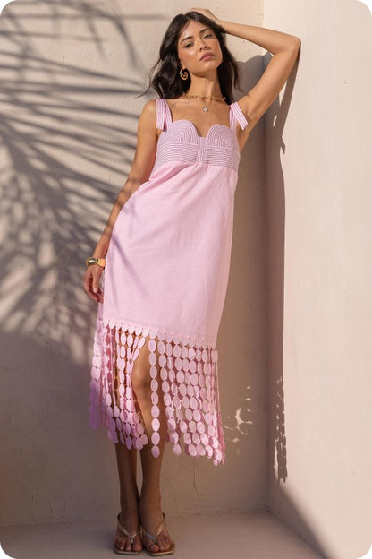 Pink Fringe Linen Midi Dress