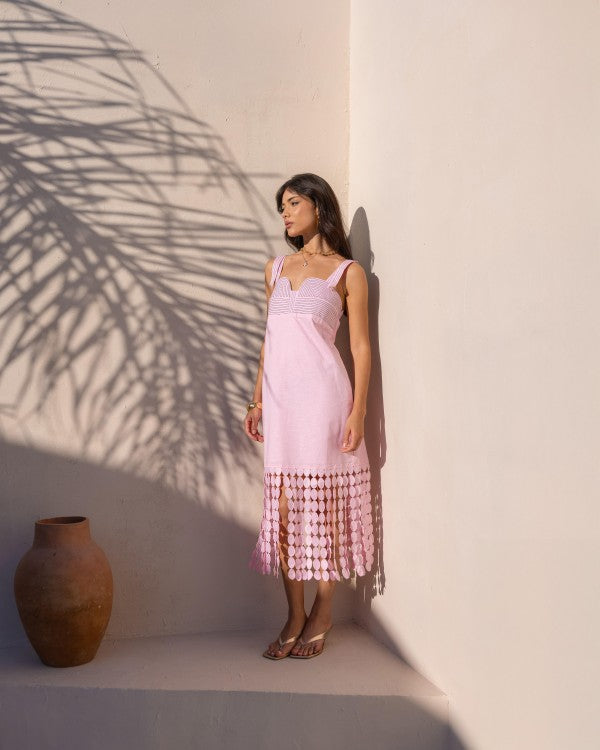 Pink Fringe Linen Midi Dress