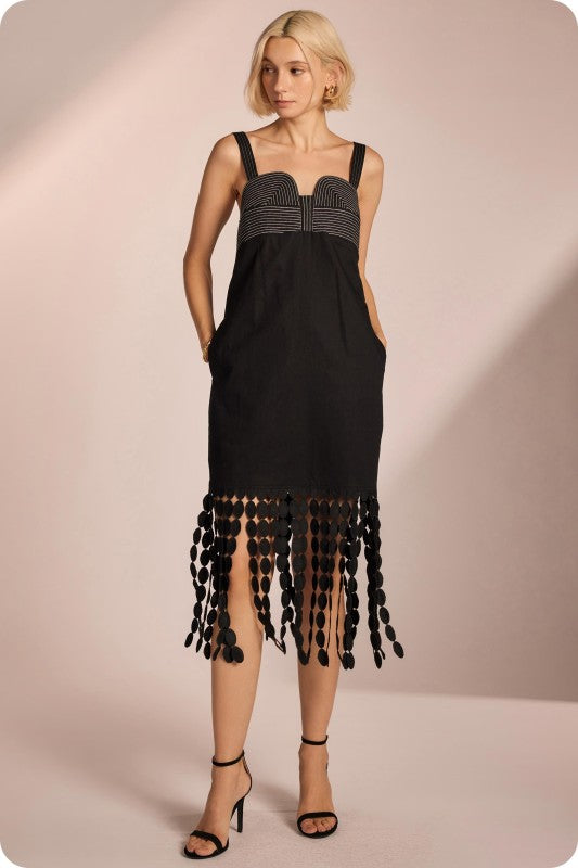 Black Fringe Linen Midi Dress