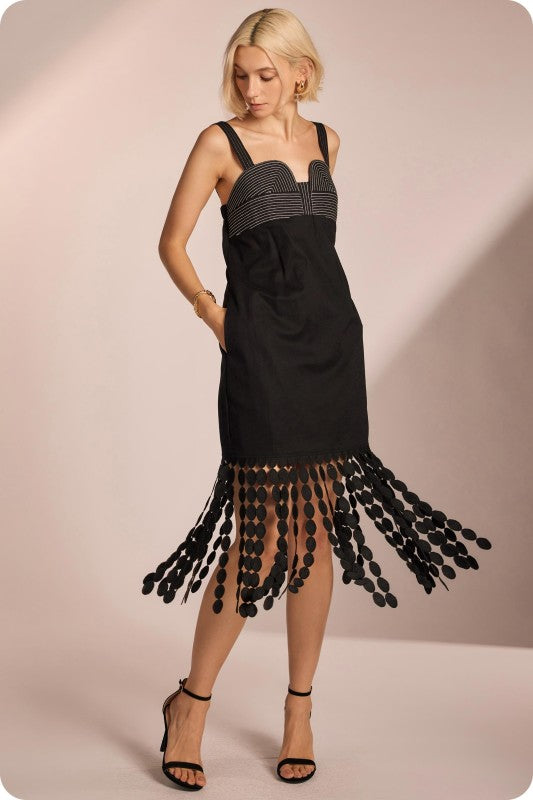 Black Fringe Linen Midi Dress