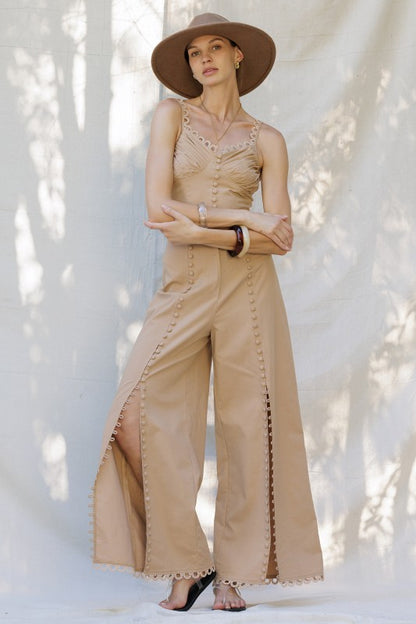 Scallop Trim Button Crop Top & Pant Set