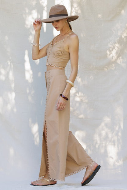 Scallop Trim Button Crop Top & Pant Set