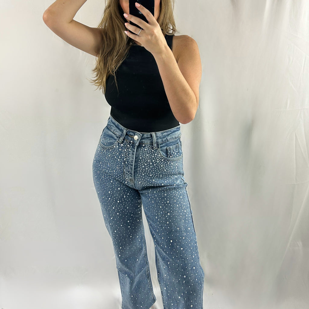 Rhinestone High Waist Denim Pants